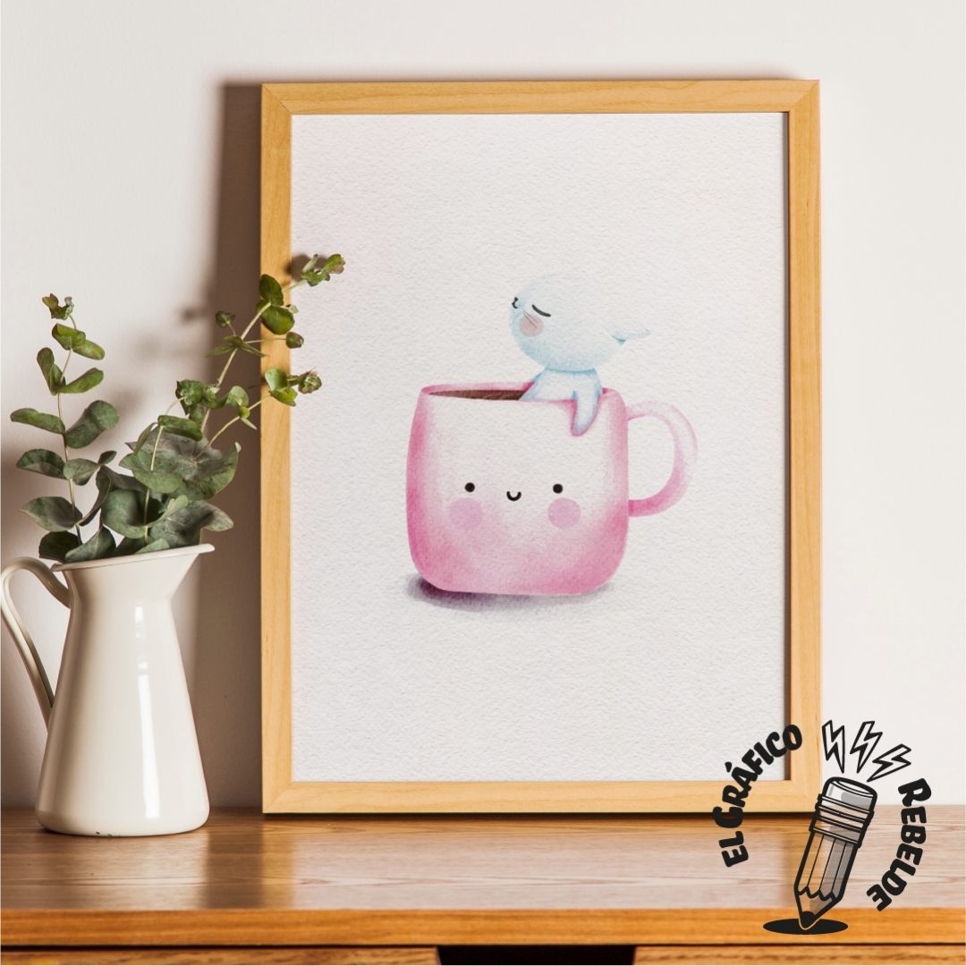 Print Café - Lámina de Acuarela Kawaii y Gato