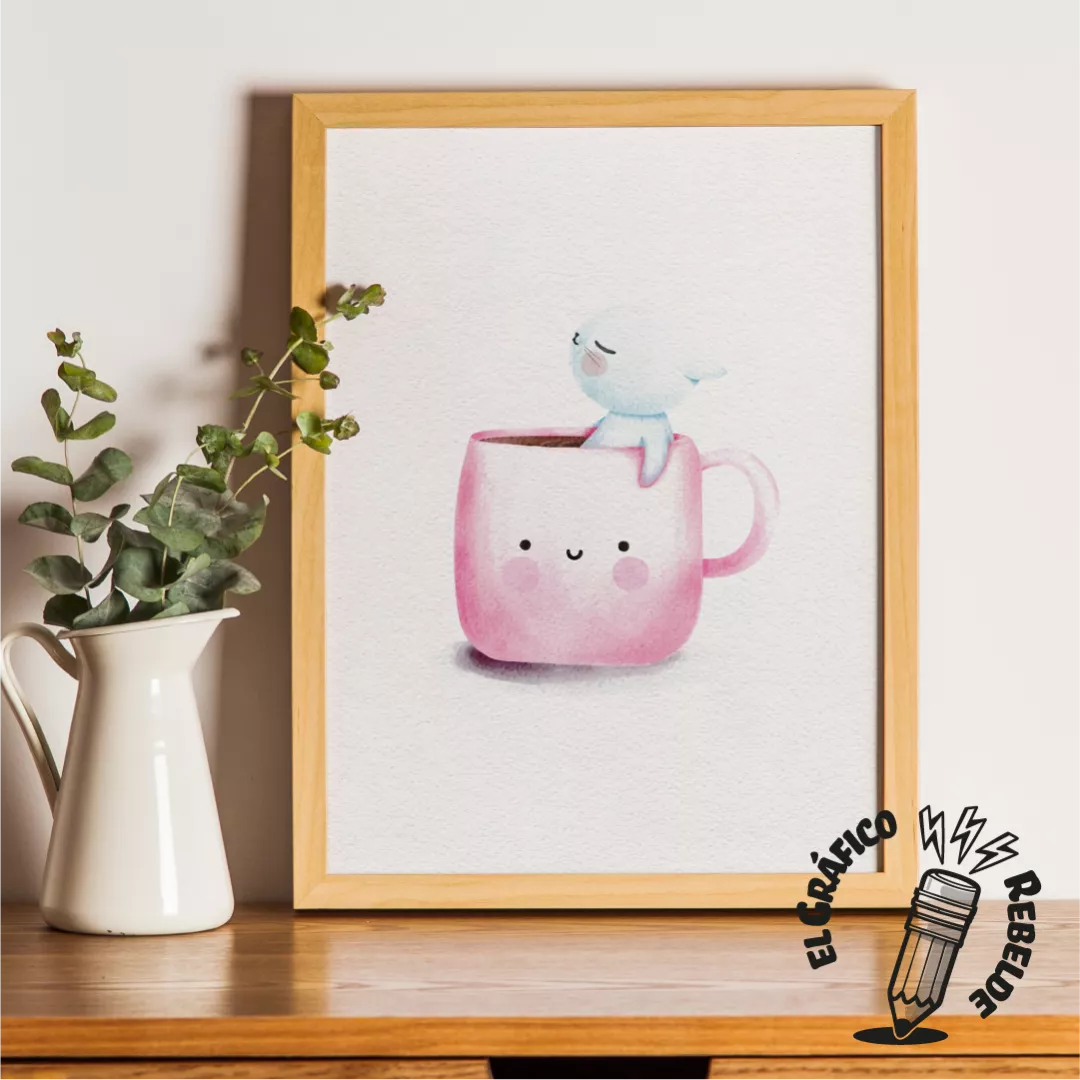 Print Cafè - Làmina d'Aquarel·la Kawaii i Gat