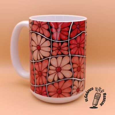 Taza de cerámica con ilustración original de flores retro y estilo vintage.