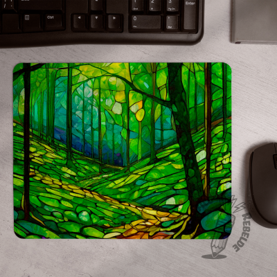 Estoreta de ratolí rectangular Bosc Encantat sobre escriptori gris amb ratolí.