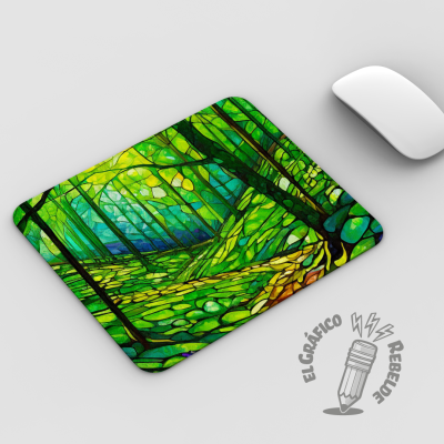 Mousepad rectangular de bosc verd vist des de dalt.