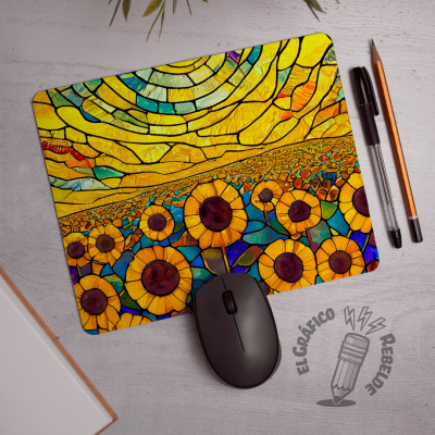 Mousepad rectangular Les Quatre Estacions al costat de bolígrafs.