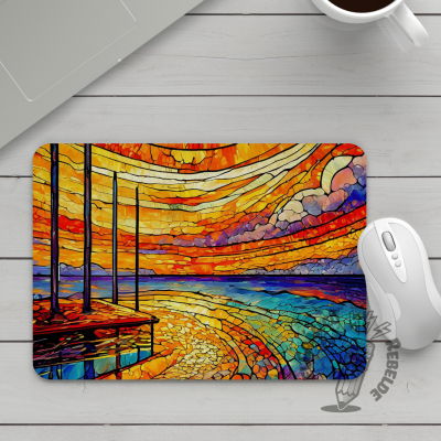 Mousepad rectangular de estilo vitral al lado de un ratón inalámbrico y bolígrafos.