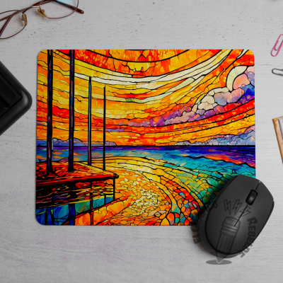 Mousepad rectangular con paisaje de otoño inclinado sobre fondo blanco junto a un ratón.