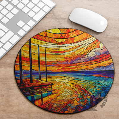 Mousepad redondo con diseño de otoño visto en detalle en una zona de estudio moderna.