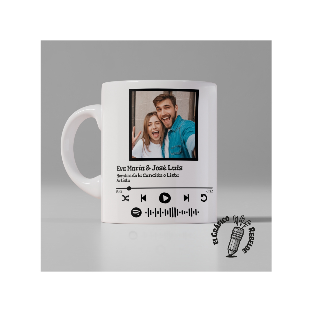 Taza Spotify de cerámica personalizada con foto de pareja y código de canción escaneable