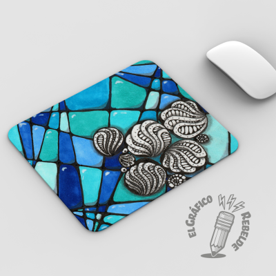 Mousepad rectangular Bluetangle amb petxines dibuixades a mà.