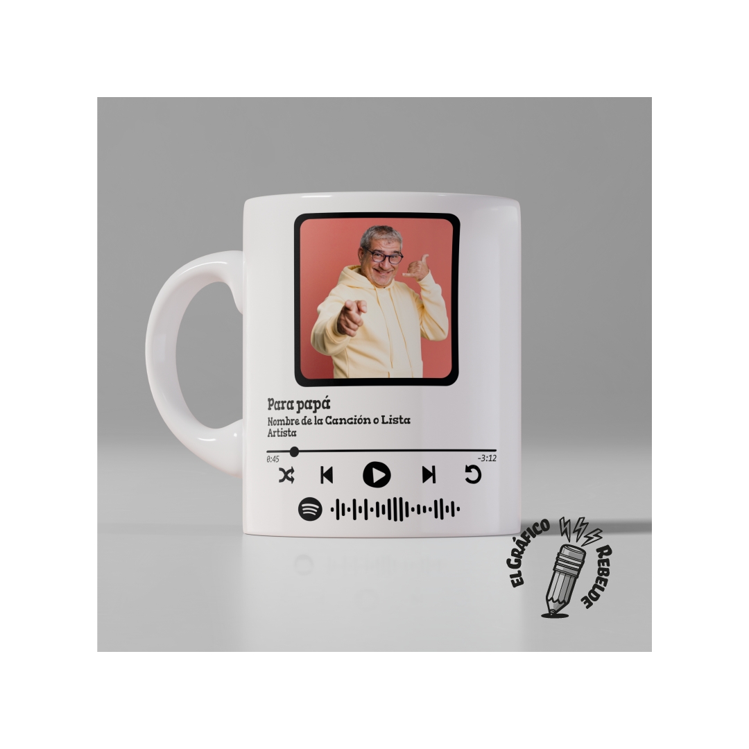 Taza de regalo original con código Spotify impreso, título de la canción y espacio para imagen.