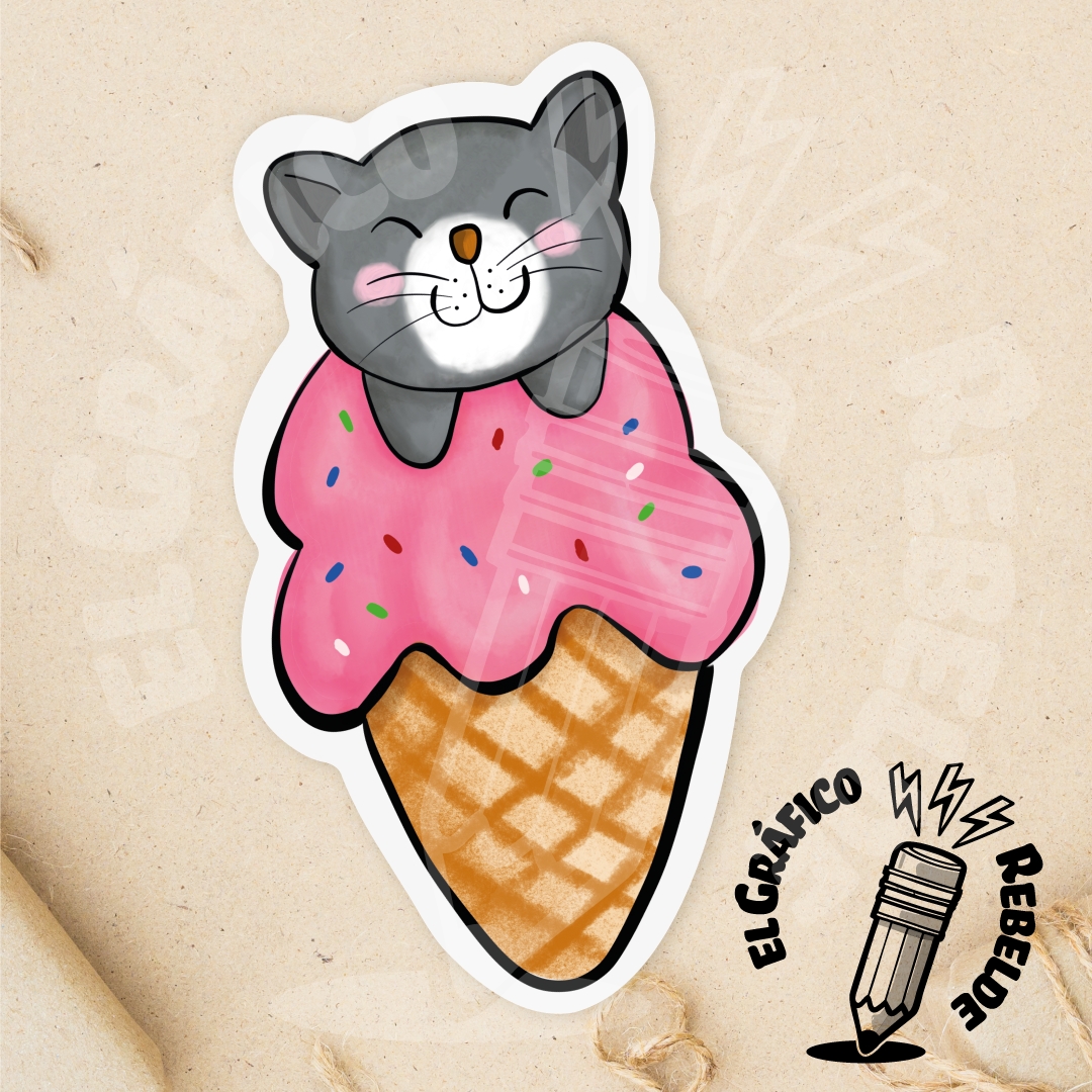 pegatina vinilo troquelada gato gris blanco dentro helado rosa cucurucho fondo blanco