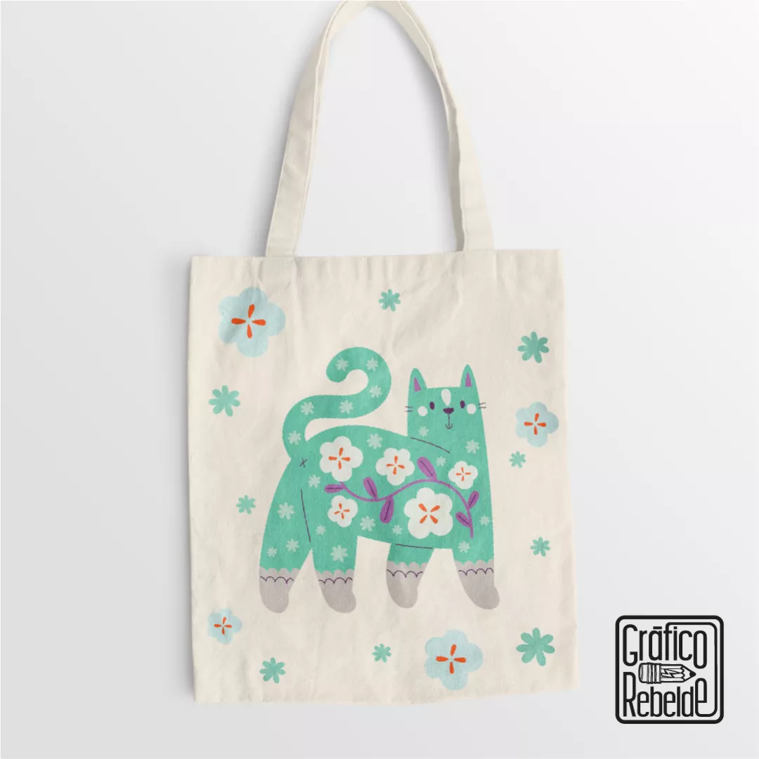 Tote bag Gato Floral Menta