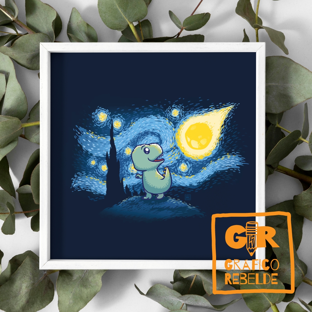 print noche estrellada y meteorito t-rex mirando el cielo brillante lamina artistica decoracion original print noche estrellada y meteorito t-rex mirando el cielo brillante lamina artistica decoracion original