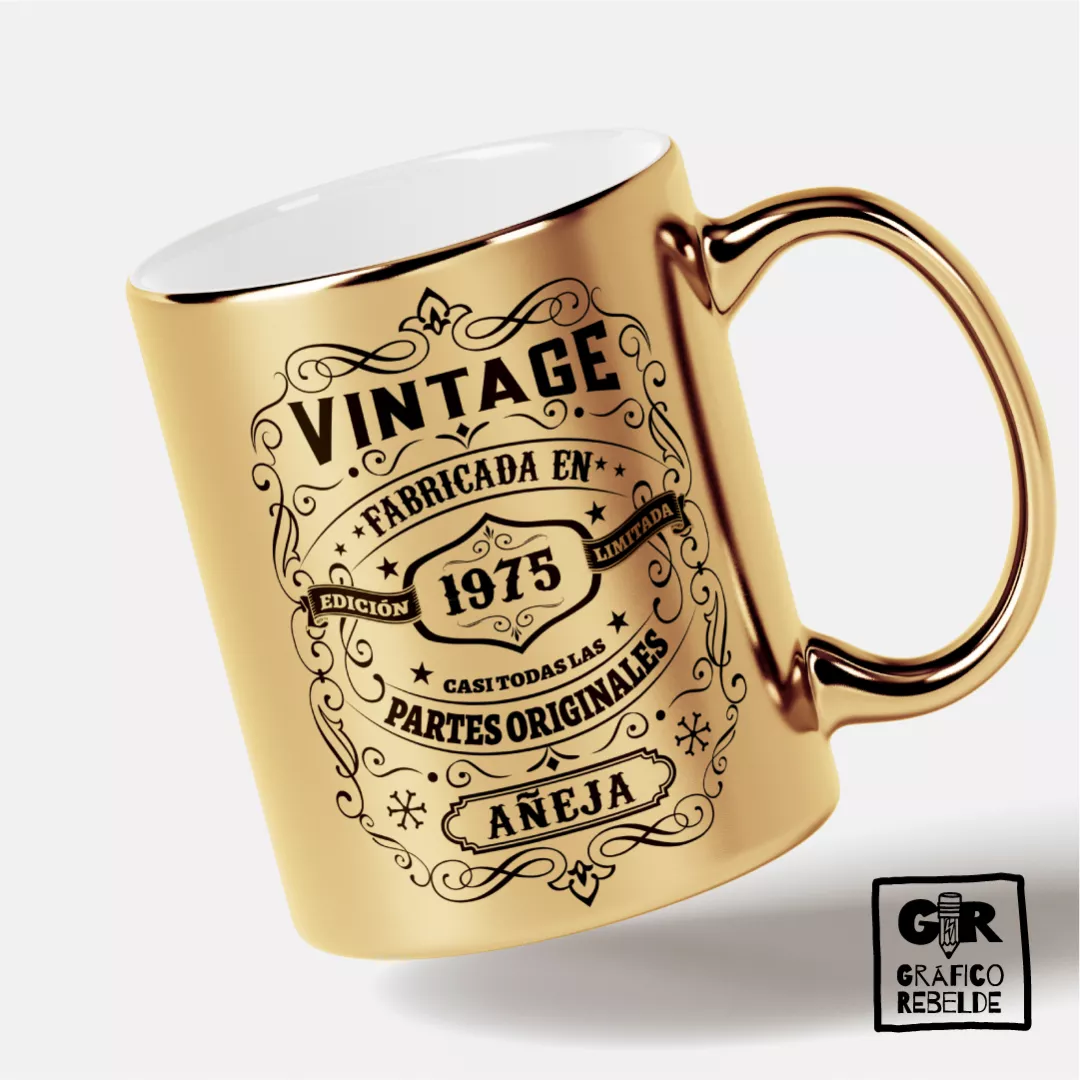 Taza Dorada de Cumpleaños "Vintage" con Año Personalizado