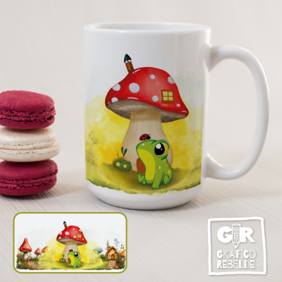 Taza ilustrada con una ranita y una seta gigante de estilo cottagecore.
