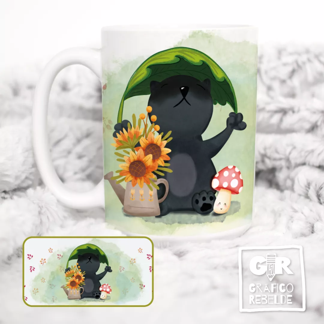 Taza ilustrada "Gato Negro Kawaii"