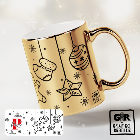 Taza Dorada Navideña con Nombre e Inicial