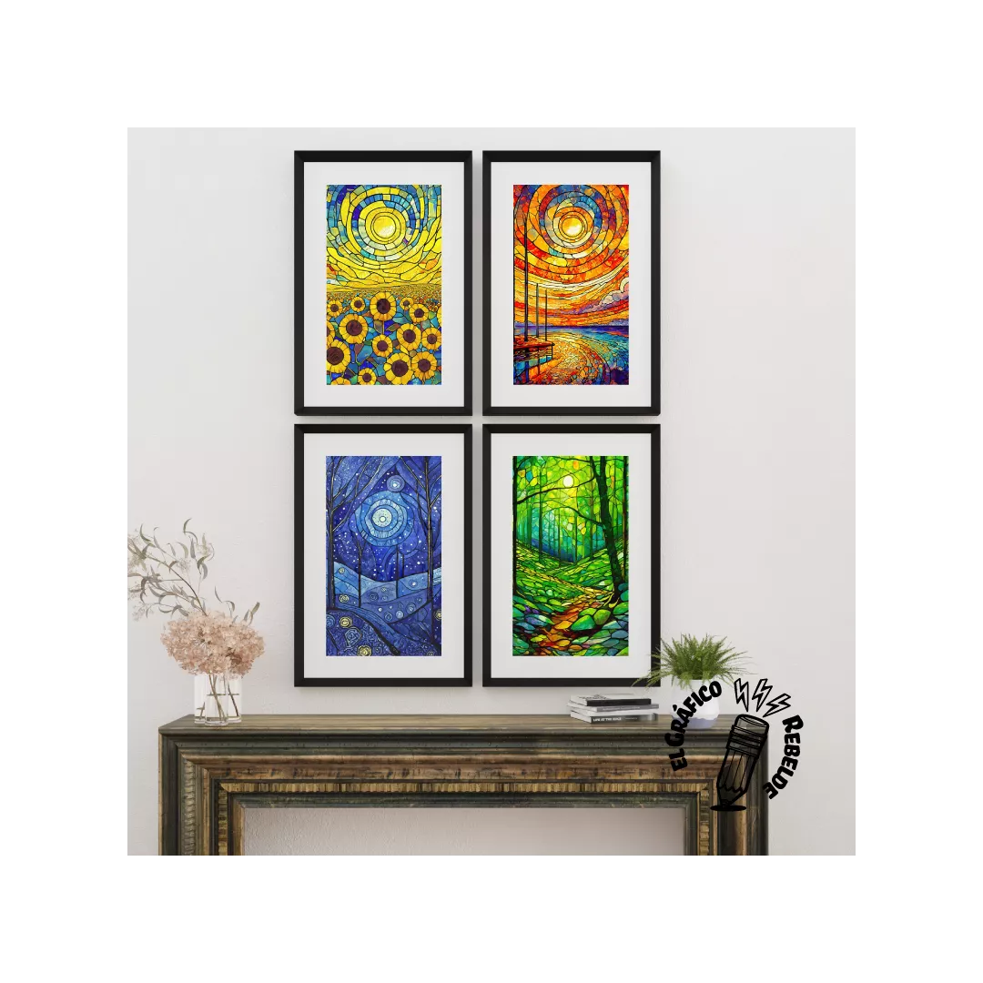 Pack Col·lecció Quatre Estacions - Set de 4 Prints d'Art Estil Vitrall