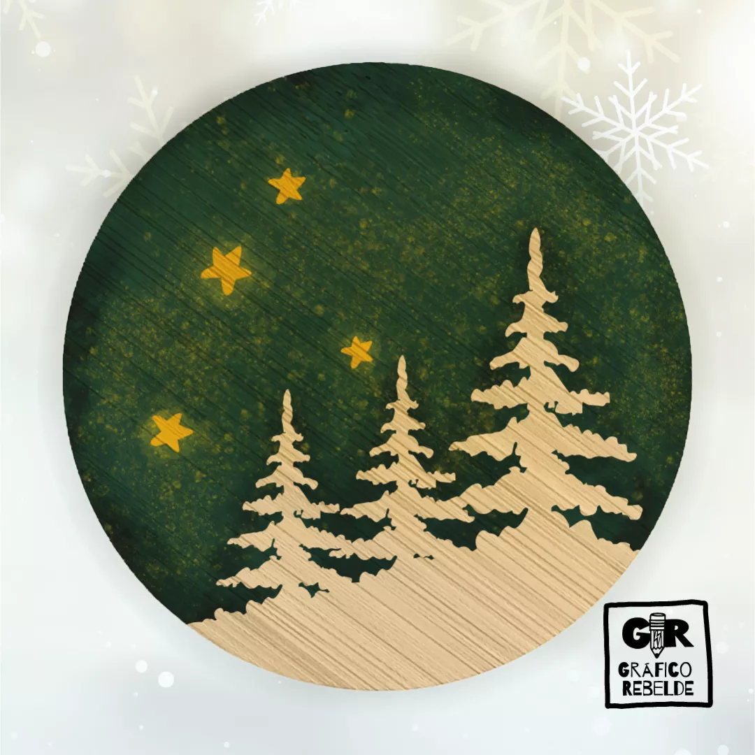 posavasos redondo madera ilustracion abetos navidad y estrellas