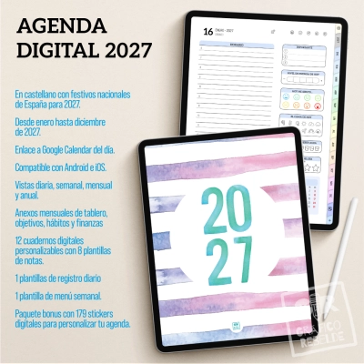 Agenda digital 2027 en castellà amb festius d'Espanya per a tablets compatible amb Kilonotes i GoodNotes.