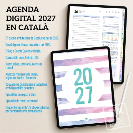 Agenda digital 2027 en catalán con festivos de Cataluña para tablets compatible con Kilonotes y GoodNotes.