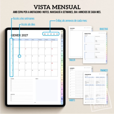 Agenda en catalán: vista mensual con diseño funcional para poder ver con un solo vistazo todo el resumen del mes.
