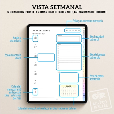 Acceso a la vista semanal en catalán clicando desde cualquier calendario en la agenda, con amplio espacio de anotaciones.