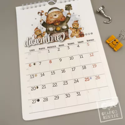 Detalle de la ilustración de diciembre del calendario de pared 2027 de Gráfico Rebelde