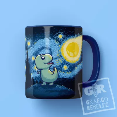 Tassa amb il·lustració inspirada en la nit estrellada de Van Gogh amb un T-Rex veient un meteorit brillar al cel.