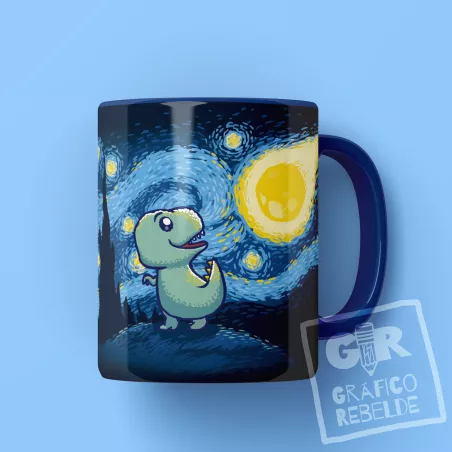 Tassa amb il·lustració inspirada en la nit estrellada de Van Gogh amb un T-Rex veient un meteorit brillar al cel.