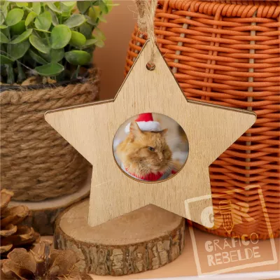 Colgante para el árbol de Navidad con forma de estrella con portafotos y foto.