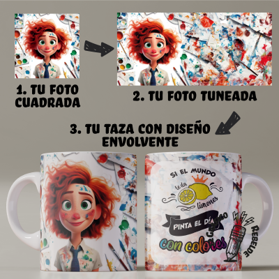Diseño a medida en taza blanca con imagen ampliada y texto personalizado.