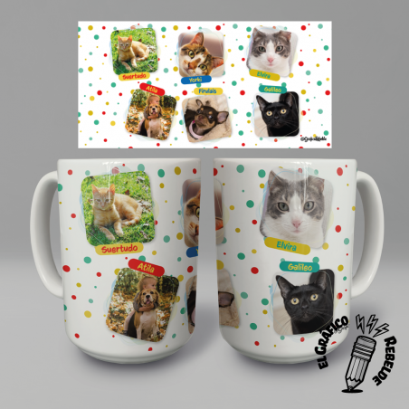 Diseño de taza grande con estampado de confeti, 6 fotos personalizadas y nombres a juego.