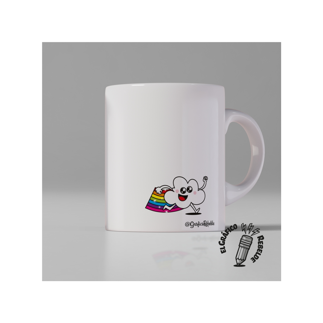 Taza Todos Vamos a Morir vista de detalle del diseño por la parte trasera en cerámica blanca.