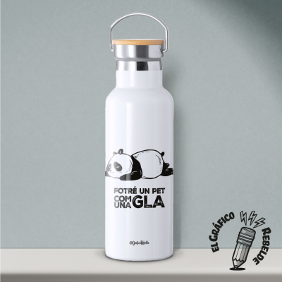 lla termo d'acer inoxidable personalitzable amb dibuix d'un panda cansat i la frase fotre un pet com una gla amb tap de bambu