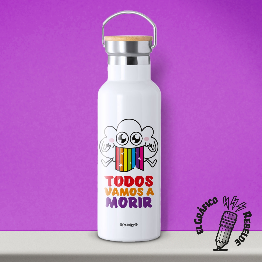 Botella termica acero inoxidable diseno nube arcoiris todos vamos a morir tapon bambu Botella termica acero inoxidable diseno nube arcoiris todos vamos a morir tapon bambu