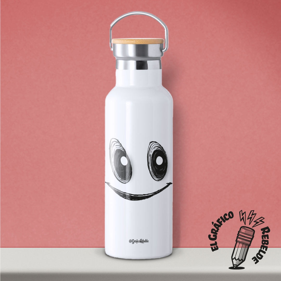 Botella termica acero inoxidable con diseno minimalista de cara sonriente dibujada a trazos tapon bambu Botella termica acero inoxidable con diseno minimalista de cara sonriente dibujada a trazos tapon bambu