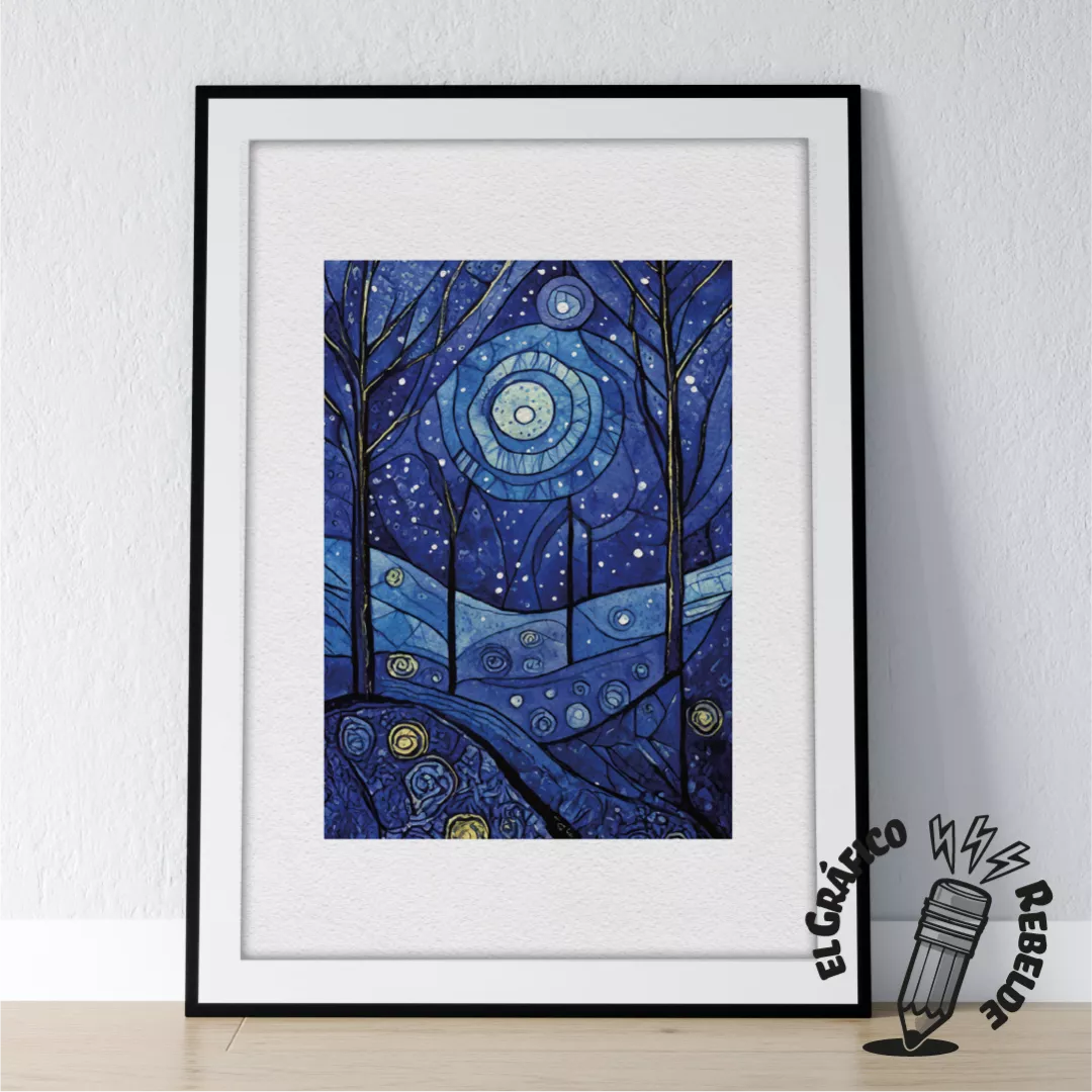 print cielo estrellado con arboles y noche azul estilo vidriera decoracion invierno