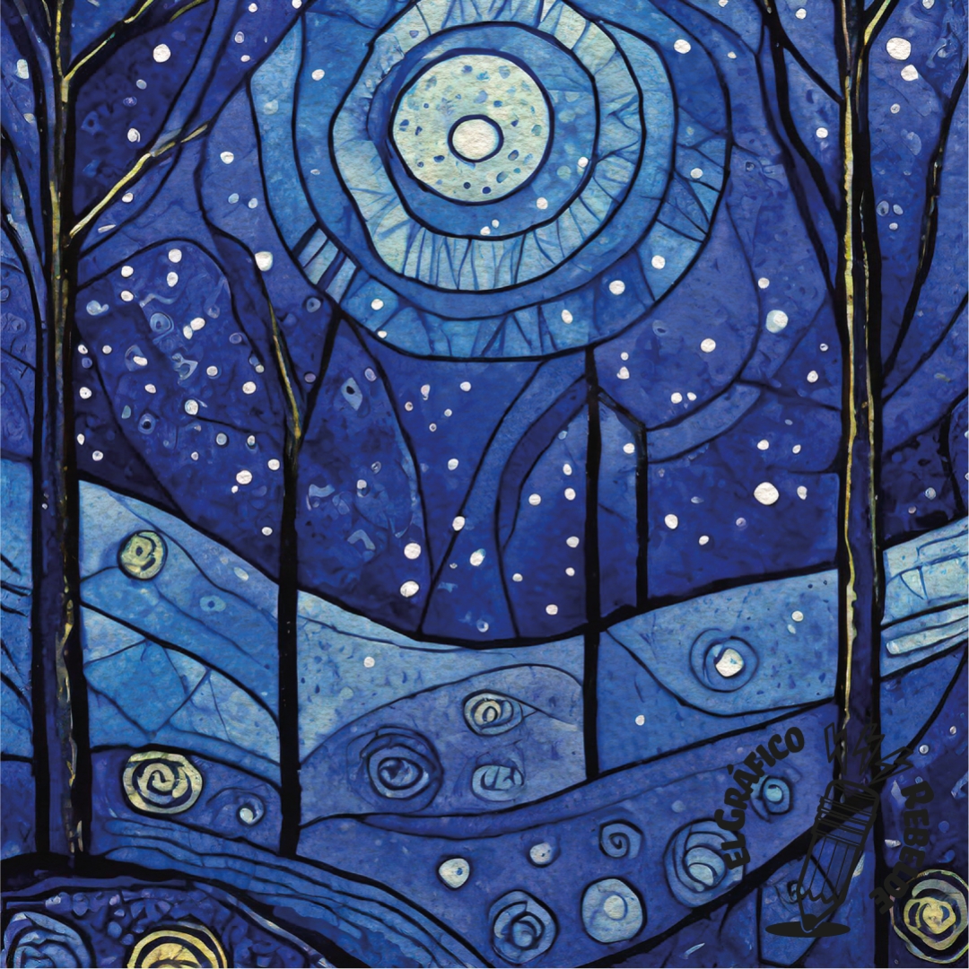print cielo estrellado con arboles y noche azul estilo vidriera decoracion invierno