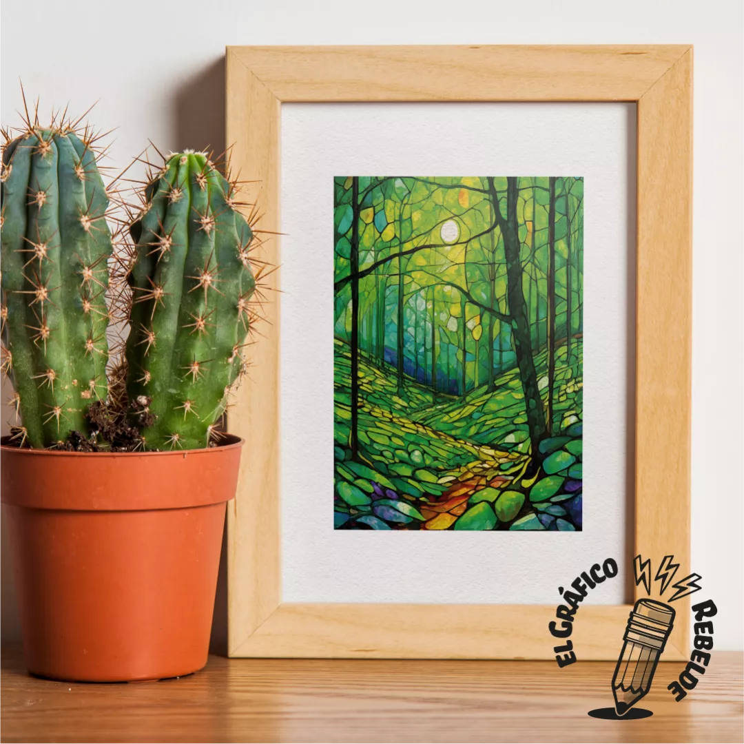print bosque encantado verde con camino luminoso estilo vidriera decoracion primavera